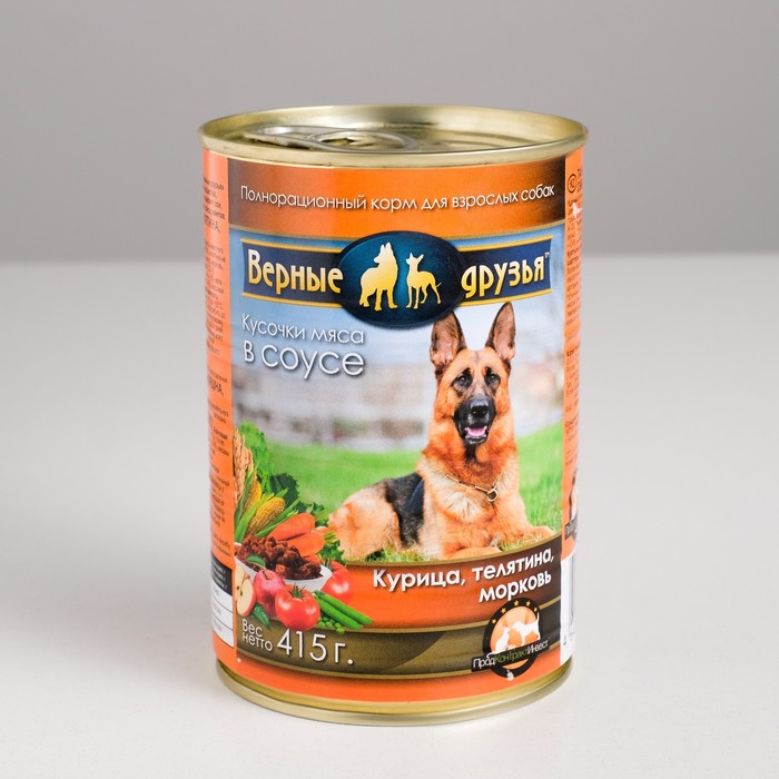 Влажный корм "Верные друзья" для собак, курица/телятина/морковь в соусе, жиры и белки, 415 гр
