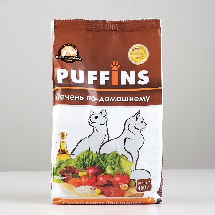 Сухой корм «Puffins» для кошек, печень по-домашнему, 4 упаковки по 400 гр