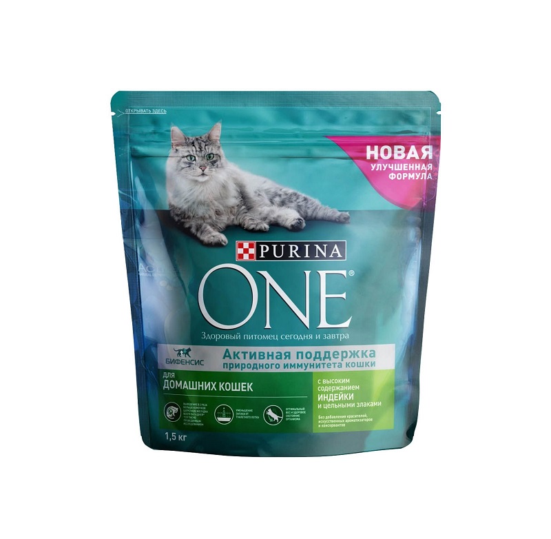 Сухой корм Purina ONE для домашних кошек с индейкой и цельными злаками, пакет, 1,5 кг