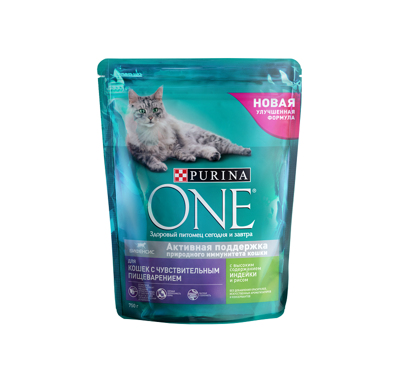 Сухой корм Purina ONE для кошек с чувствительным пищеварением с индейкой и рисом, пакет, 750 г