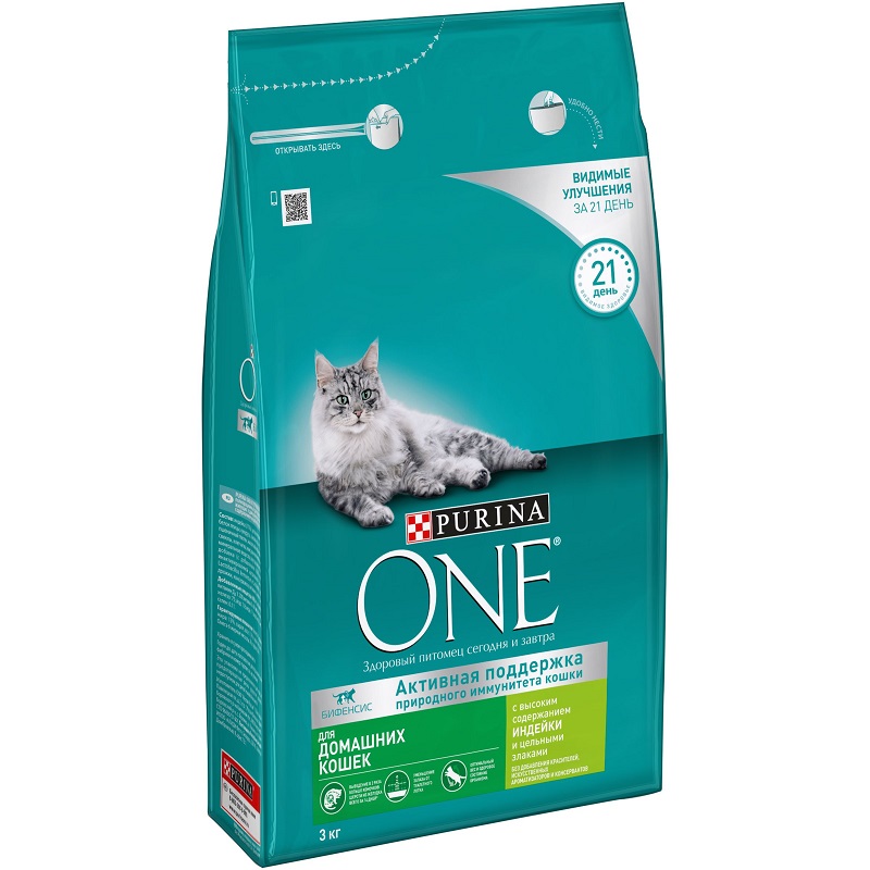 Сухой корм Purina ONE для домашних кошек с индейкой и цельными злаками, пакет, 3 кг