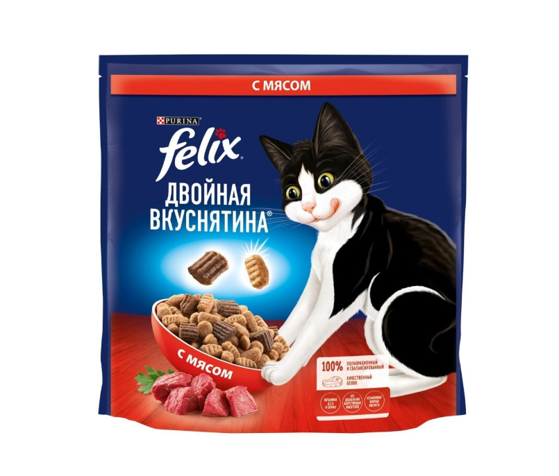 Сухой корм Felix Двойная Вкуснятина для взрослых кошек, с мясом, пакет, 1,3 кг