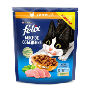 Сухой корм Felix Мясное объедение для взрослых кошек, с курицей, пакет, 600 г