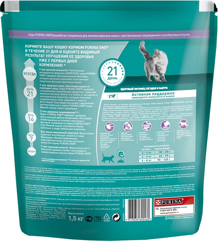 Сухой корм Purina ONE для кошек с чувствительным пищеварением с индейкой и рисом, пакет, 1,5 кг