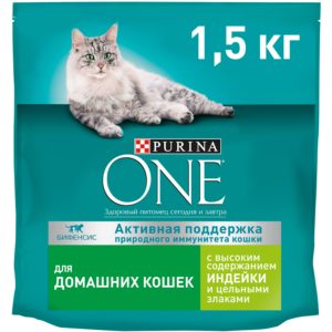 Сухой корм Purina ONE для домашних кошек с индейкой и цельными злаками, пакет, 1,5 кг