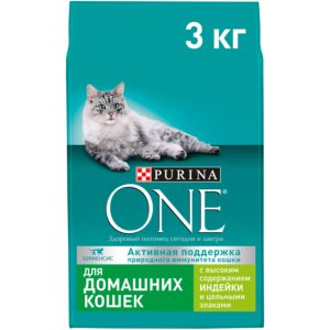 Сухой корм Purina ONE для домашних кошек с индейкой и цельными злаками, пакет, 3 кг