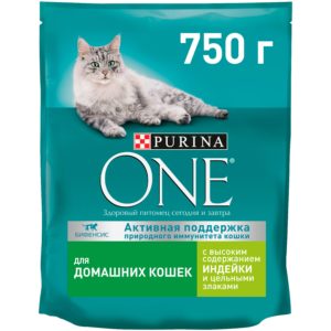 Сухой корм Purina ONE для домашних кошек с индейкой и цельными злаками, пакет, 750 г