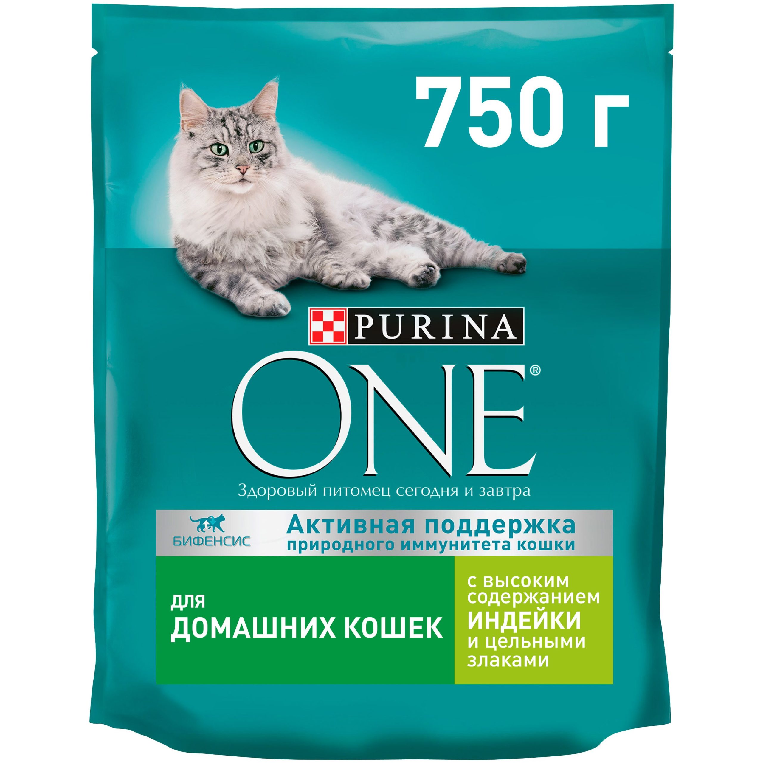 Сухой корм Purina ONE для домашних кошек с индейкой и цельными злаками, пакет, 750 г