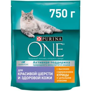 Сухой корм Purina ONE для кошек для красивой шерсти и контроля образования волосяных комков с курицей и цельными злаками, пакет, 750 г