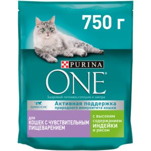 Сухой корм Purina ONE для кошек с чувствительным пищеварением с индейкой и рисом, пакет, 750 г