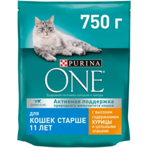 Сухой корм Purina ONE для кошек старше 11 лет с курицей и цельными злаками, пакет, 750 г