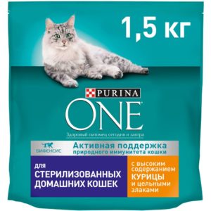 Сухой корм Purina ONE для стерилизованных кошек и кастрированных котов, живущих в домашних условиях, с высоким содержанием курицы и цельными злаками, пакет, 1,5 кг