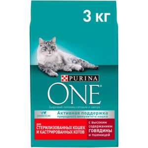 Сухой корм Purina ONE для стерилизованных кошек и котов с говядиной и пшеницей, пакет, 3 кг
