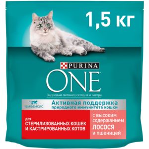 Сухой корм Purina ONE для стерилизованных кошек и котов с лососем и пшеницей, пакет, 1,5 кг