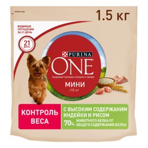 Сухой корм Purina ONE МИНИ Здоровый вес для собак мелких пород, с индейкой и рисом, пакет, 1,5 кг
