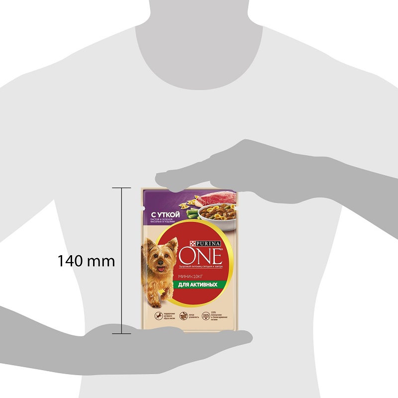 Влажный корм Purina ONE МИНИ Активная для взрослых собак мелких пород с активным образом жизни, с уткой, пастой и зеленой фасолью в подливе, пауч, 26х85 г