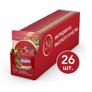 Влажный корм Purina ONE Мини Чувствительное пищеварение для взрослых собак мелких пород с чувствительным пищеварением, с лососем, рисом и морковью в подливе, пауч, 26х85 г