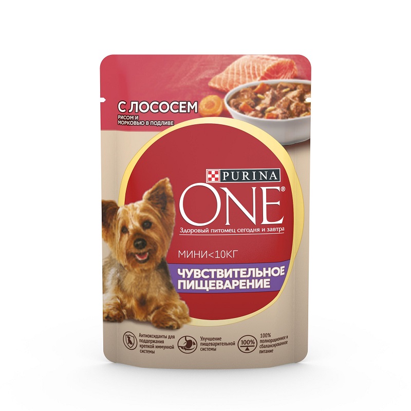 Влажный корм Purina ONE Мини Чувствительное пищеварение для взрослых собак мелких пород с чувствительным пищеварением, с лососем, рисом и морковью в подливе, пауч, 26х85 г