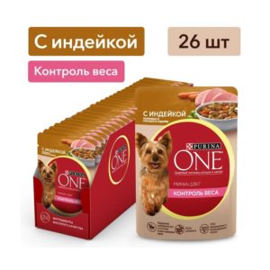 Влажный корм Purina ONE Мини Контроль веса для взрослых собак мелких пород с низкой физической активностью или склонных к набору веса, с индейкой, морковью и горохом в подливе, 26х85 г