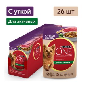 Влажный корм Purina ONE МИНИ Активная для взрослых собак мелких пород с активным образом жизни, с уткой, пастой и зеленой фасолью в подливе, пауч, 26х85 г