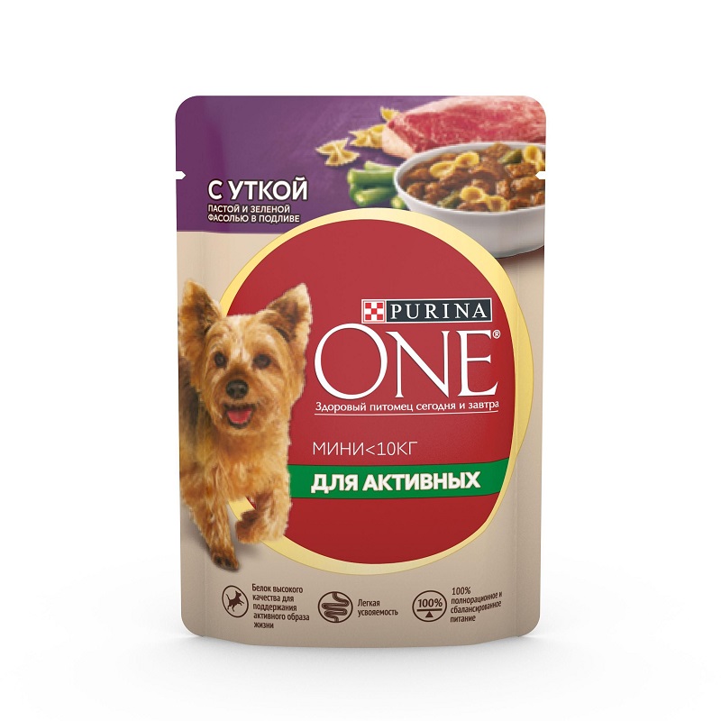 Влажный корм Purina ONE МИНИ Активная для взрослых собак мелких пород с активным образом жизни, с уткой, пастой и зеленой фасолью в подливе, пауч, 26х85 г