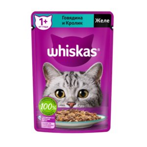 Влажный полнорационный корм WHISKAS для взрослых кошек, желе с говядиной и кроликом, 75 г