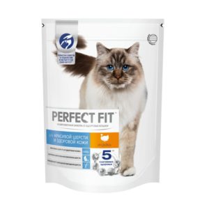 Сухой полнорационный корм для взрослых кошек PERFECT FIT для красивой шерсти и здоровой кожи, с индейкой, 650 г