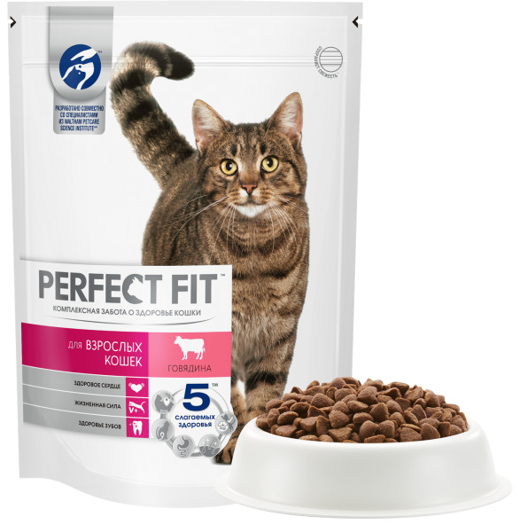 Cухой полнорационный корм PERFECT FIT для взрослых кошек, с говядиной, 650 г
