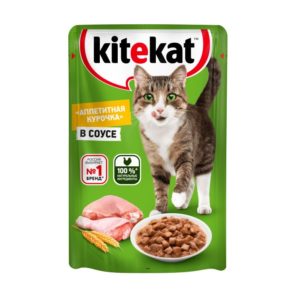 Влажный полнорационный корм KITEKAT для взрослых кошек со вкусом курицы в соусе «Аппетитная курочка», 85 г
