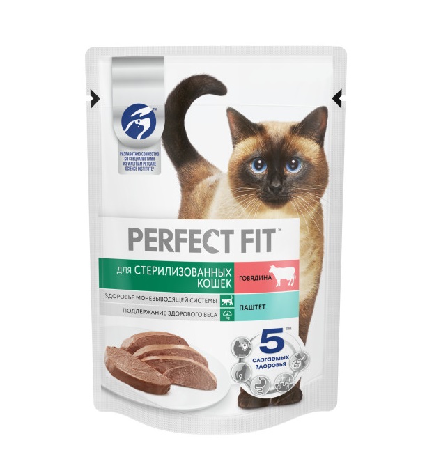 Влажный полнорационный корм PERFECT FIT для стерилизованных кошек, паштет с говядиной, 75 г