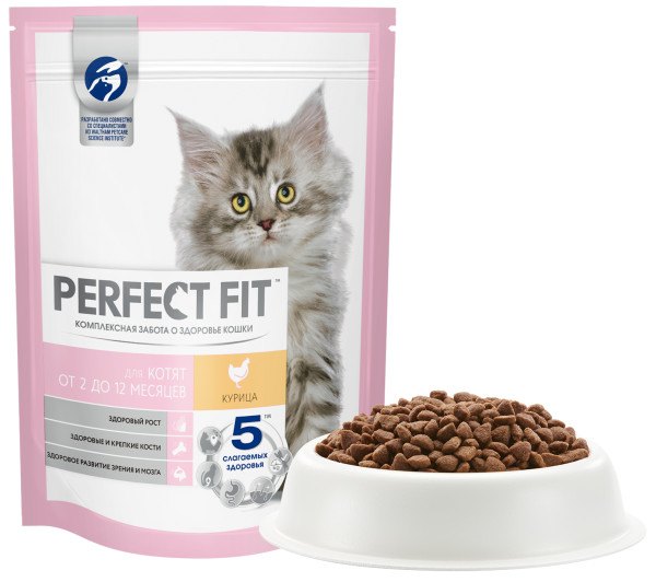 Cухой полнорационный корм PERFECT FIT для котят от 2 до 12 месяцев, с курицей, 190 г