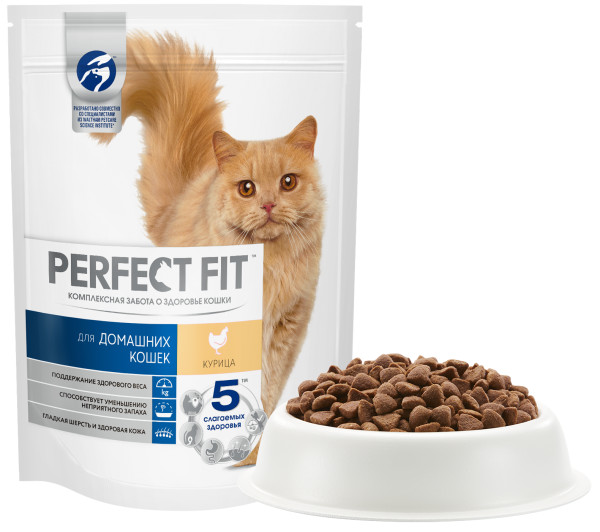 Cухой полнорационный корм PERFECT FIT для живущих в помещении взрослых кошек, с курицей, 190 г