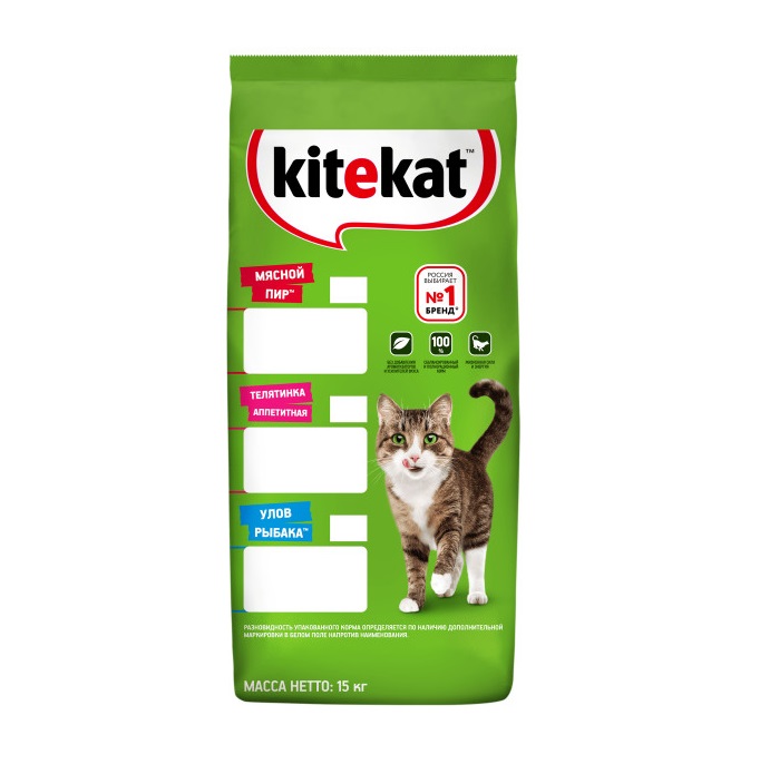Сухой полнорационный корм KITEKAT для взрослых кошек «Мясной Пир»,15 кг