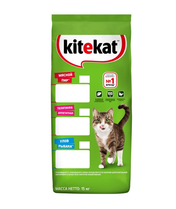 Сухой полнорационный корм KITEKAT для взрослых кошек «Телятинка Аппетитная», 15 кг
