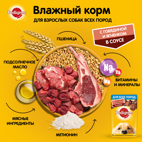 Влажный корм PEDIGREE для собак, говядина и ягненок в соусе, 85 г
