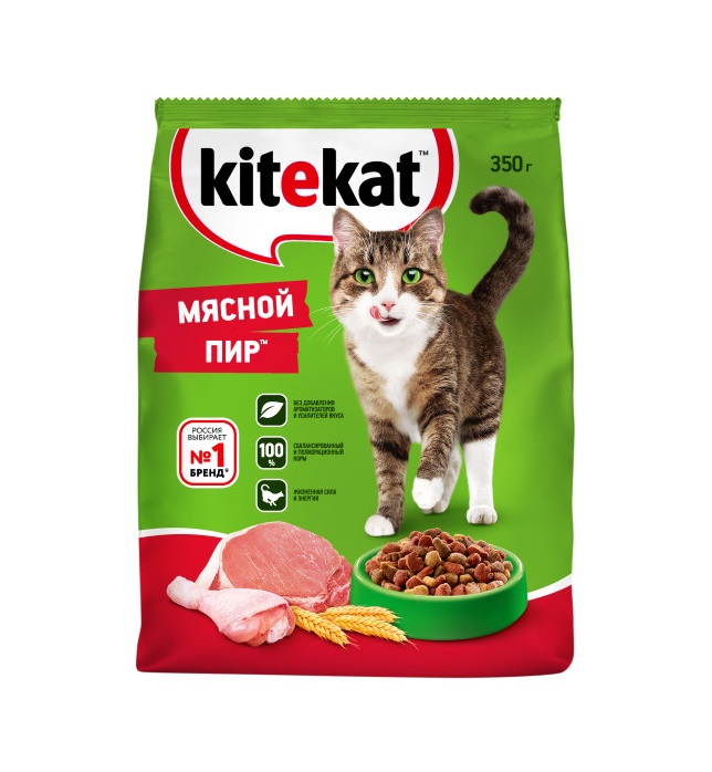 Сухой полнорационный корм KITEKAT для взрослых кошек «Мясной Пир», 350 г