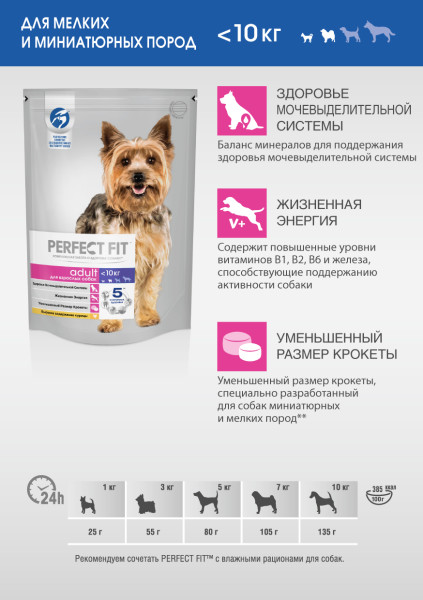 Сухой полнорационный корм PERFECT FIT для взрослых собак мелких и миниатюрных пород старше одного года, с курицей, 500 г