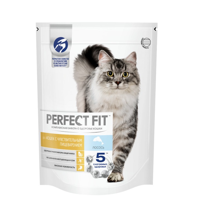 Сухой полнорационный корм PERFECT FIT для взрослых кошек с чувствительным пищеварением, с лососем, 650 г