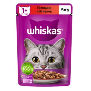 Влажный полнорационный корм WHISKAS для взрослых кошек, рагу с говядиной и ягненком, 75 г