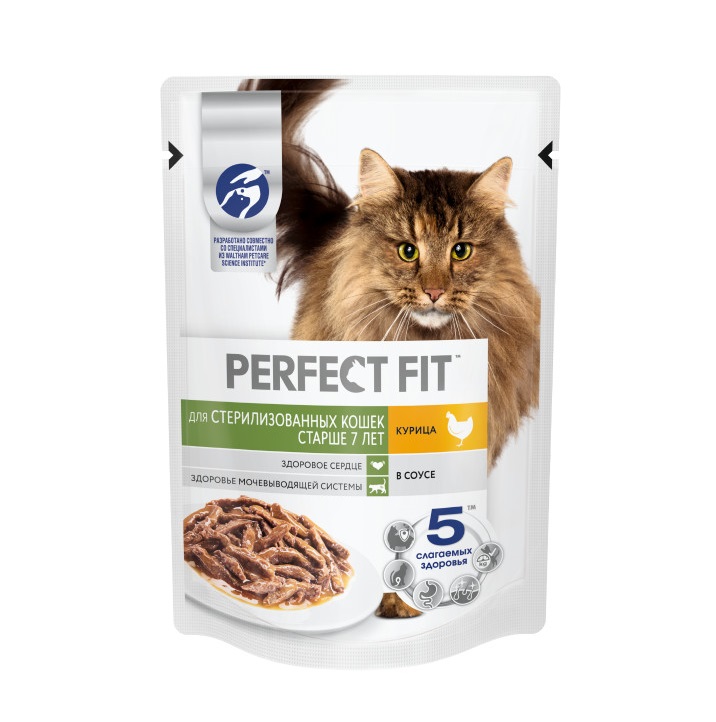 Влажный полнорационный корм PERFECT FIT для стерилизованных кошек старше 7 лет, с курицей в соусе, 75 г