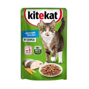 Влажный полнорационный корм KITEKAT для взрослых кошек со вкусом рыбы в соусе «Вкусная треска», 85 г