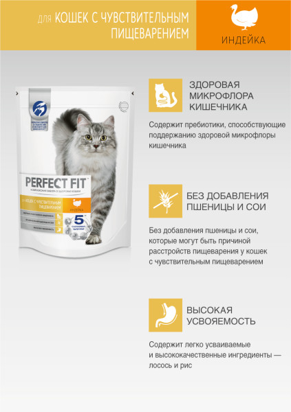 Сухой полнорационный корм PERFECT FIT для взрослых кошек с чувствительным пищеварением, с индейкой, 190 г
