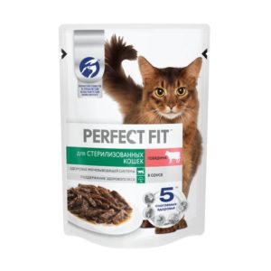 Влажный полнорационный корм PERFECT FIT для стерилизованных кошек, с говядиной в соусе, 75 г