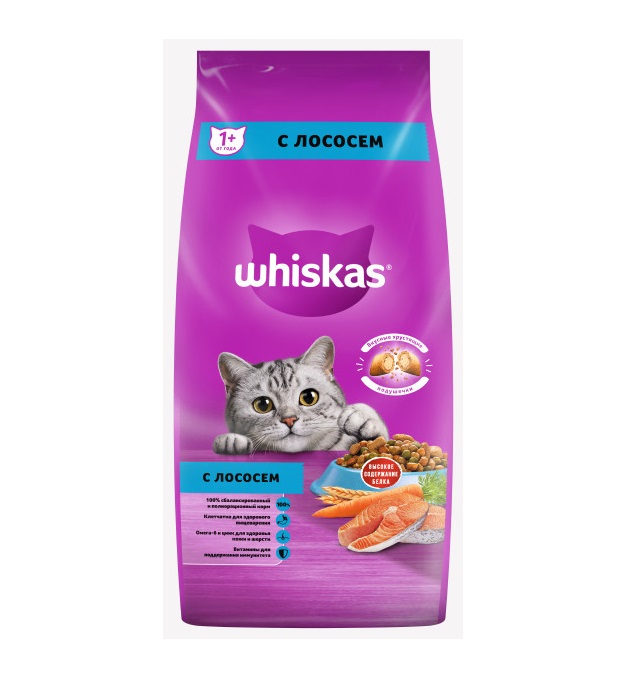 Сухой полнорационный корм WHISKAS для взрослых кошек «Вкусные подушечки с нежным паштетом. Аппетитный обед с лососем», 5 кг
