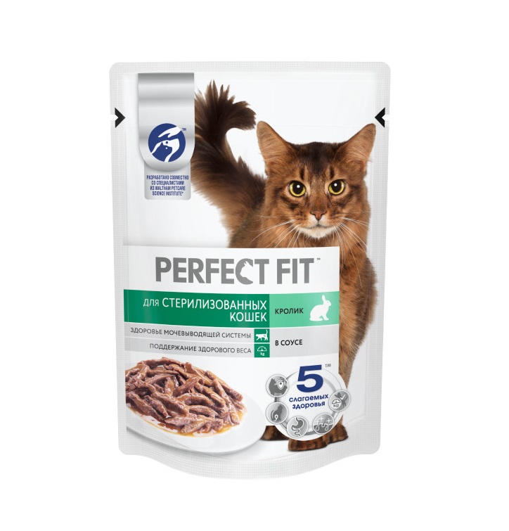 Влажный полнорационный корм PERFECT FIT для стерилизованных кошек, с кроликом в соусе, 75 г