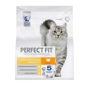 Сухой полнорационный корм PERFECT FIT для взрослых кошек с чувствительным пищеварением, с индейкой, 1.2 кг