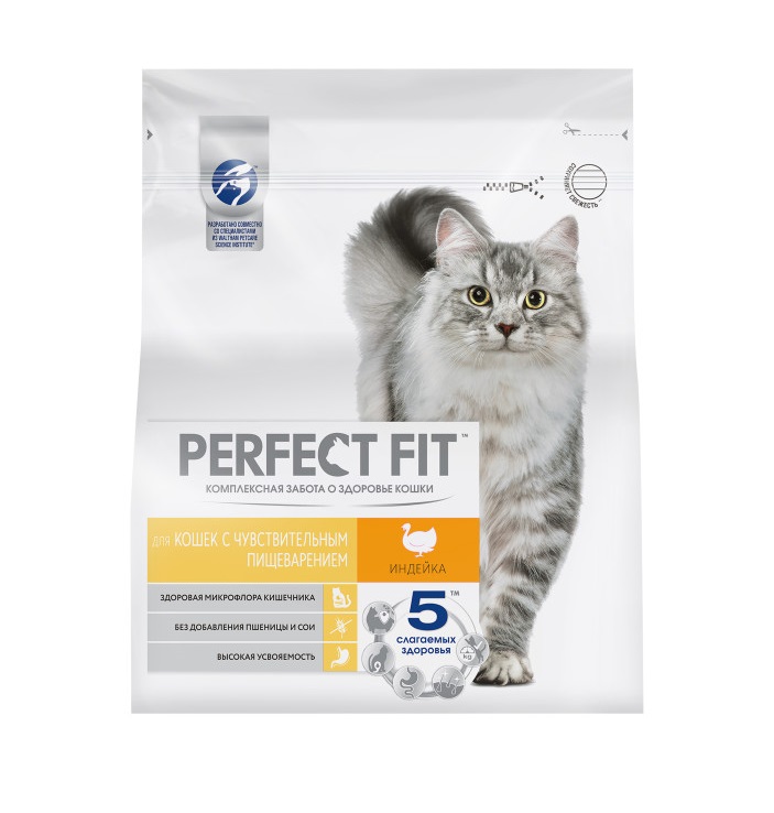 Сухой полнорационный корм PERFECT FIT для взрослых кошек с чувствительным пищеварением, с индейкой, 1.2 кг