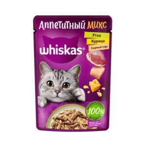 Влажный полнорационный корм WHISKAS «Аппетитный микс» для взрослых кошек, с курицей и уткой в сырном соусе, 75 г