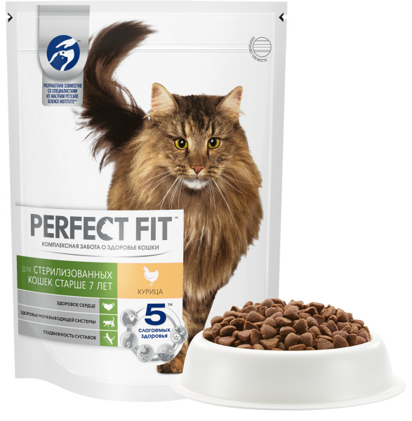 Cухой полнорационный корм PERFECT FIT для стерилизованных кошек старше 7 лет, с курицей, 650 г