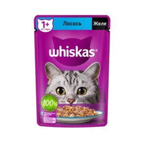 Влажный полнорационный корм WHISKAS для взрослых кошек, желе с лососем, 75 г